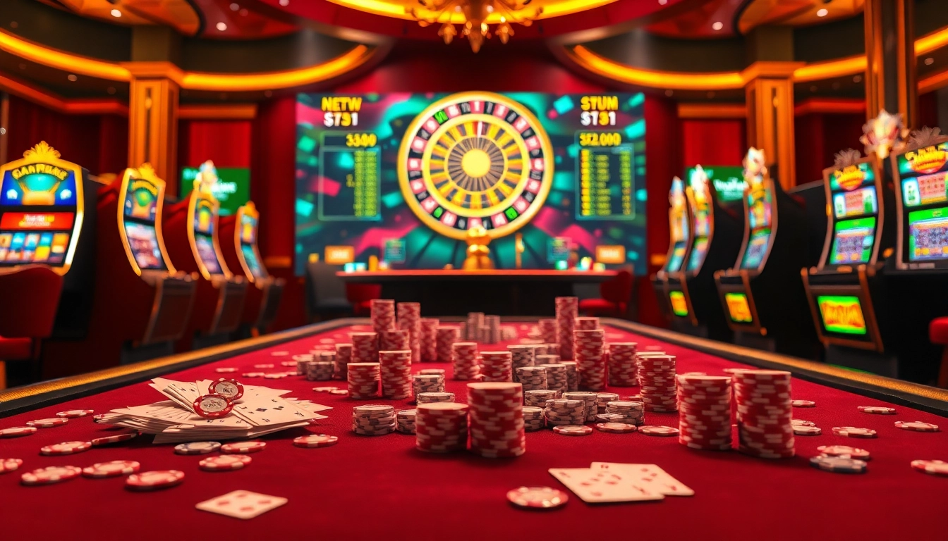Engaging gambling scene showcasing Nhà cái NEW88, featuring casino tables, poker chips, and vibrant slot machines.