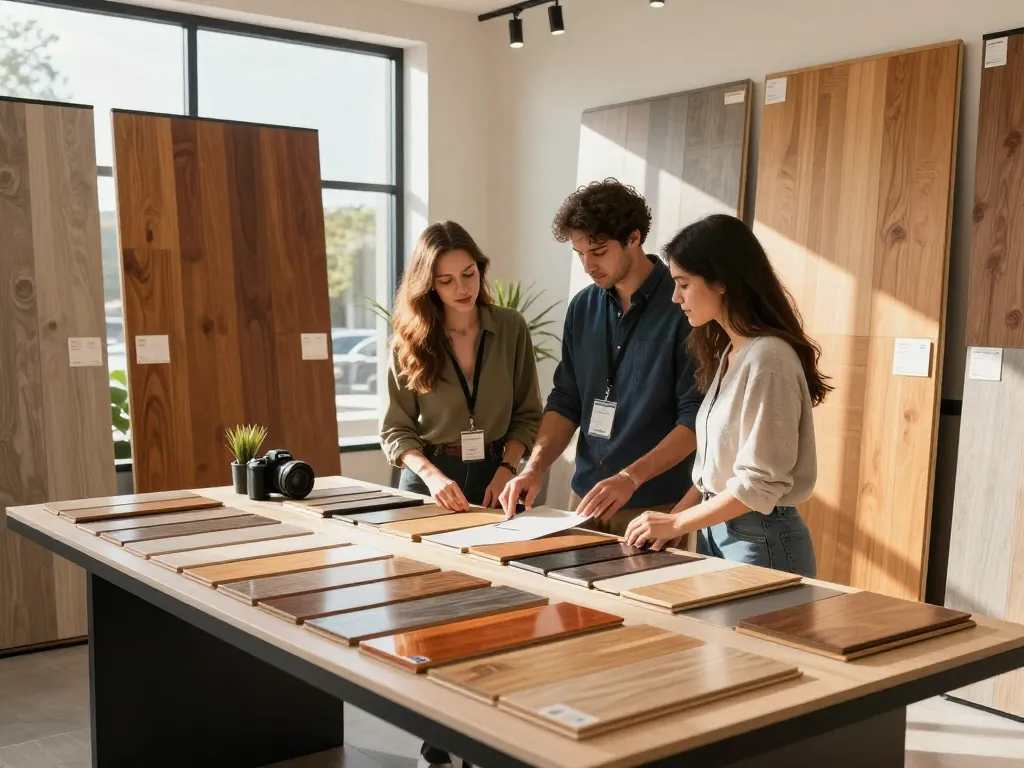 Choosing flooring materials with flooring specialists near me in a modern showroom.
