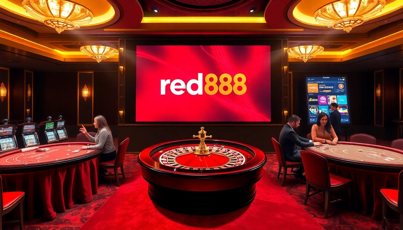 Exciting gambling scene featuring red88 nhà cái uy tín branding, with a luxurious roulette and poker setup.