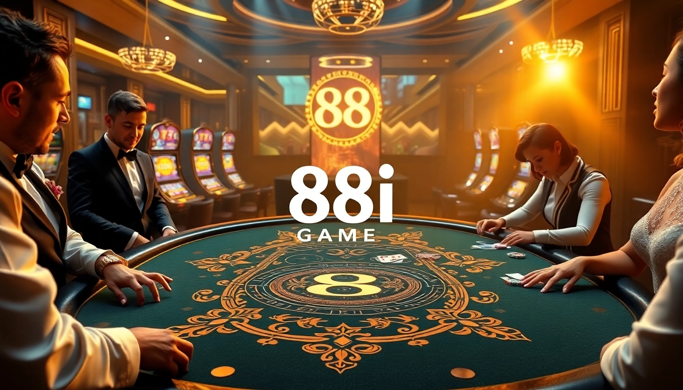 Experience an exciting 88i game atmosphere at a luxurious online casino with poker tables and slot machines.