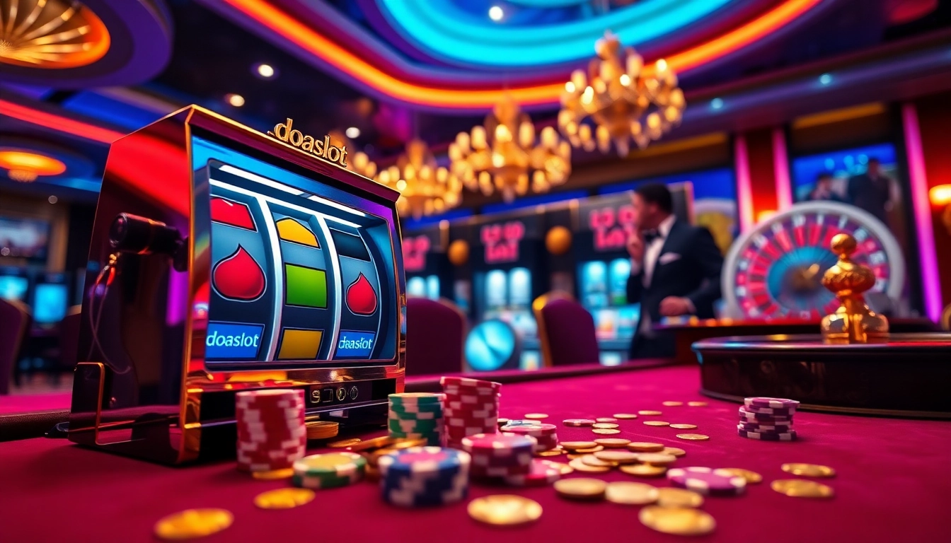 Engaged player winning on a luxurious doaslot slot machine amidst vibrant casino atmosphere.