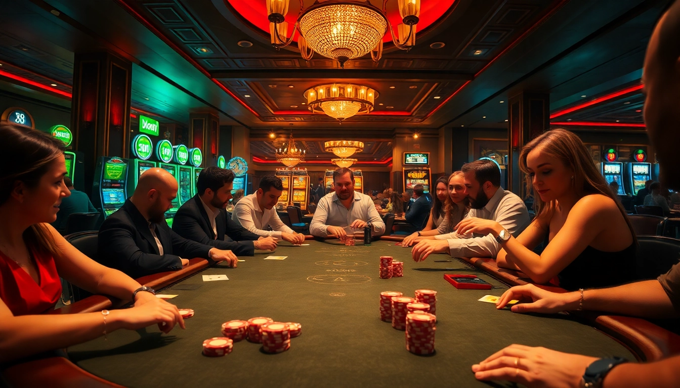 Engaged players at a J8-themed casino table enjoying a high-stakes poker game.