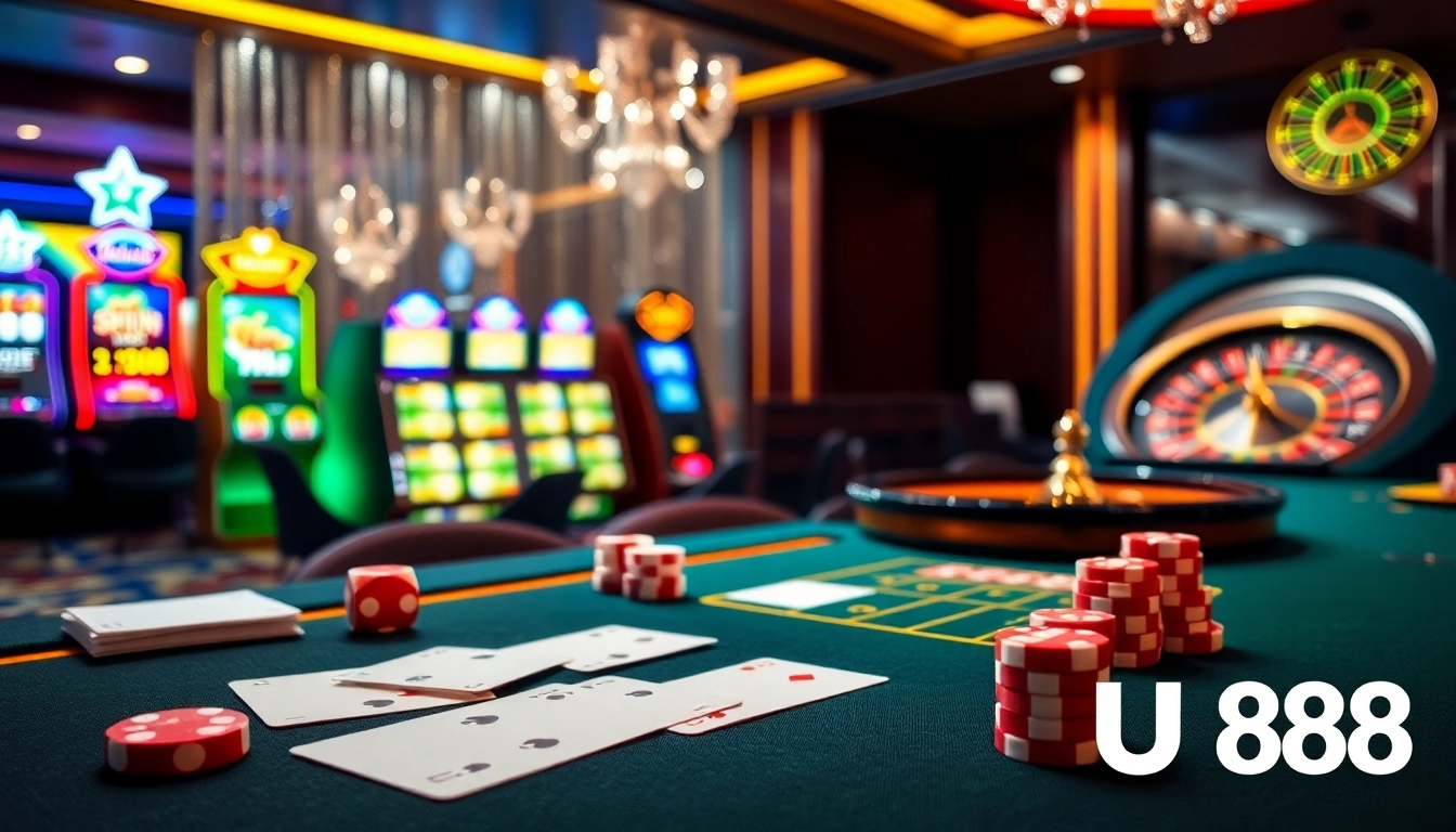 Exciting casino scene with U888 poker table, chips, cards, and live dealer gaming.