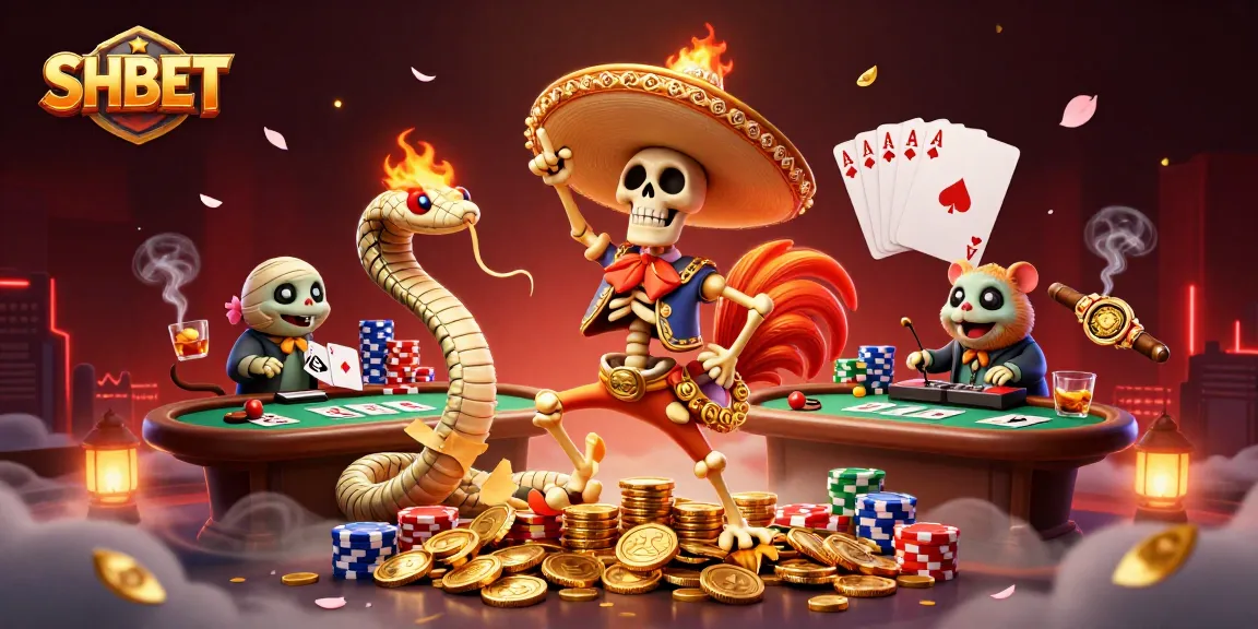 Experience SHBET's thrilling gaming atmosphere with dynamic characters and vibrant casino elements.