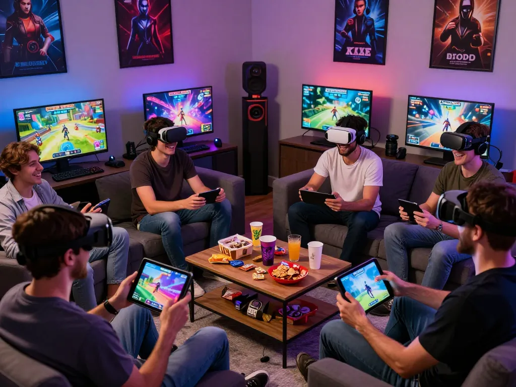 Players enjoying engaging sex simulator games in a lively game room with interactive devices and social atmosphere.