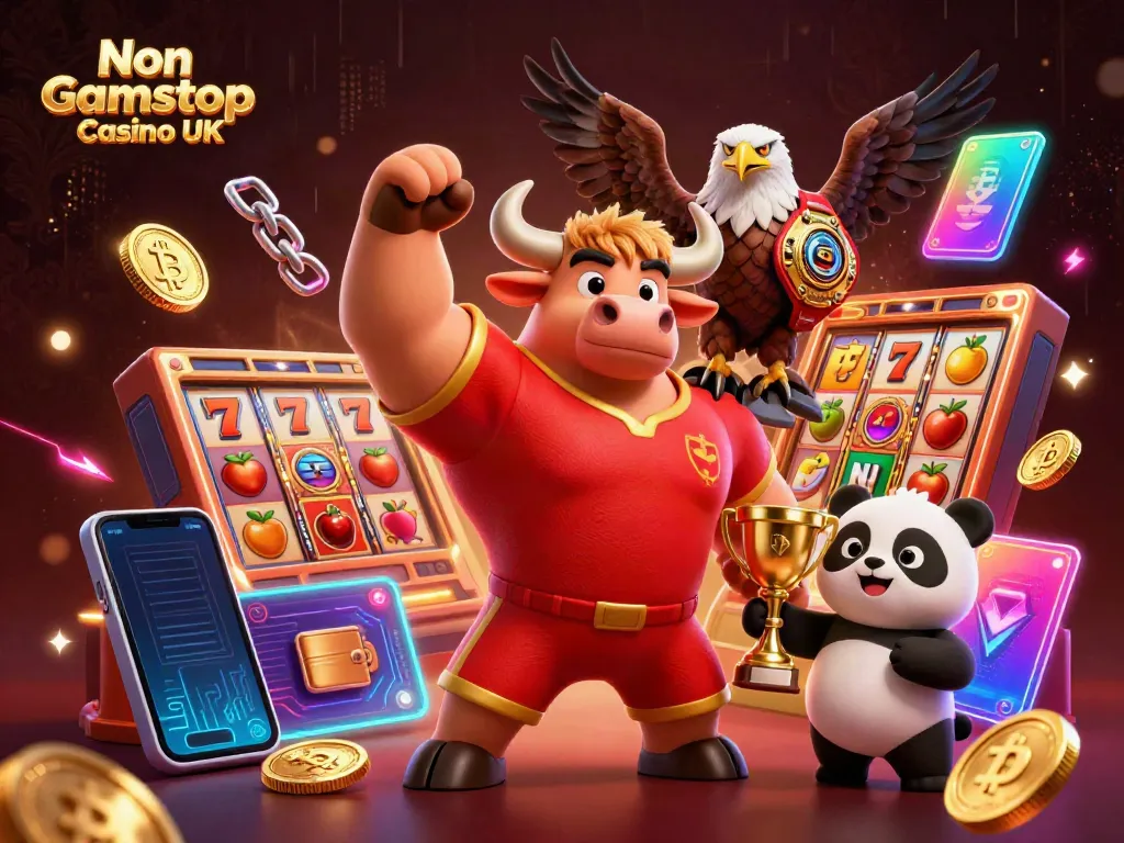 Victory scene featuring Non Gamstop Casino UK with a muscular bull mascot alongside a golden trophy and crypto elements.