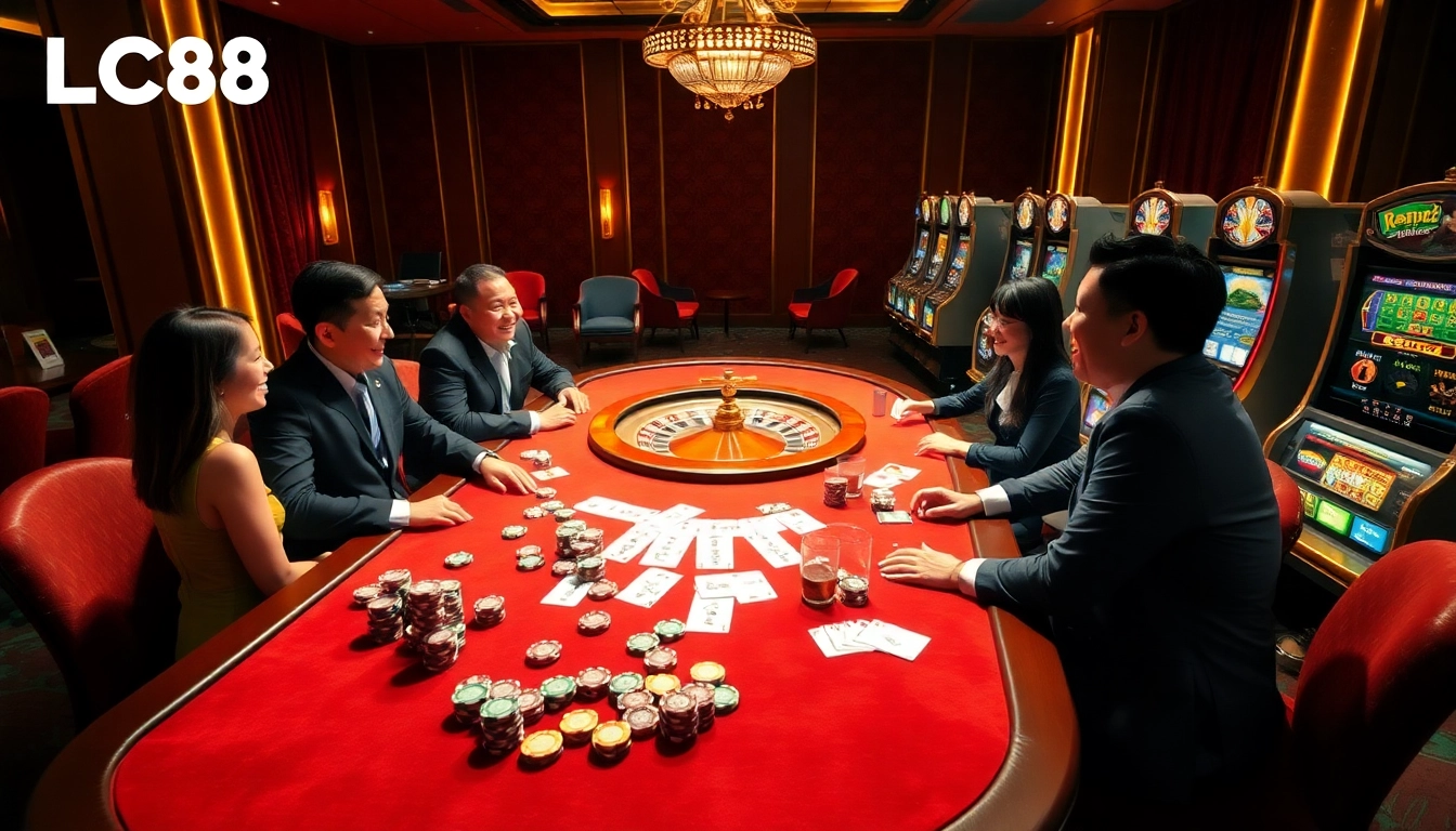 Engaging gameplay at LC88, featuring poker chips and roulette wheel in a vibrant casino setting.