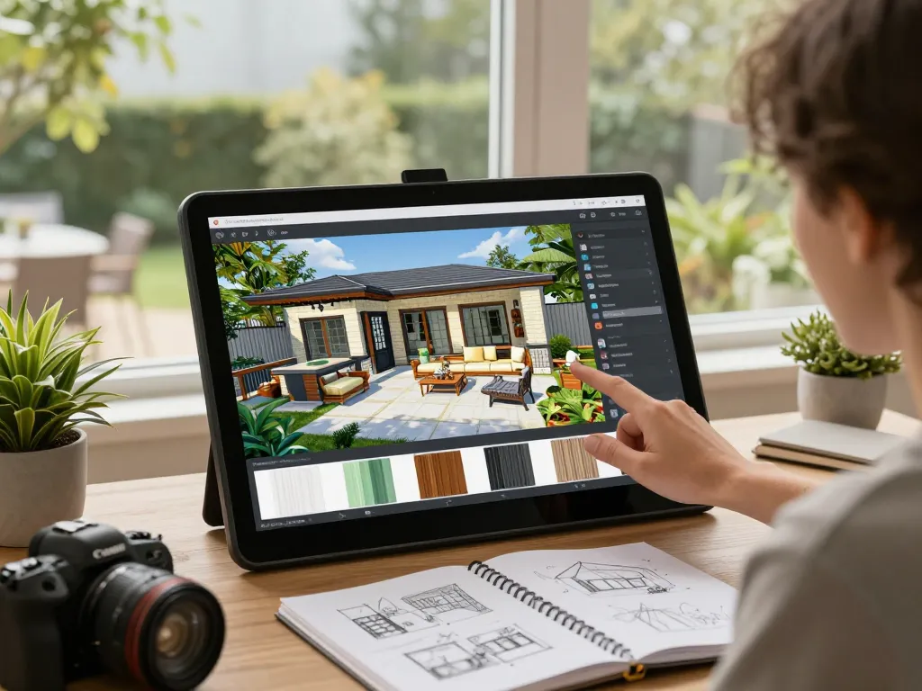 Interactive veranda configurator showcasing custom designs with vibrant 3D visuals in an inviting home setting.