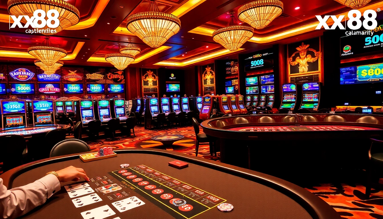 Gambling action at xx88 casino with vibrant tables and eager players enjoying the excitement.