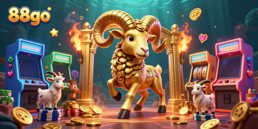 Experience the thrill of 88go with a vibrant scene of a golden ram charging through a casino atmosphere.