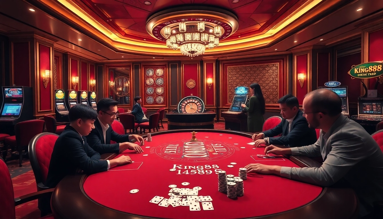 Experience the excitement of King88 at a luxurious casino poker table with vibrant chips and cards.