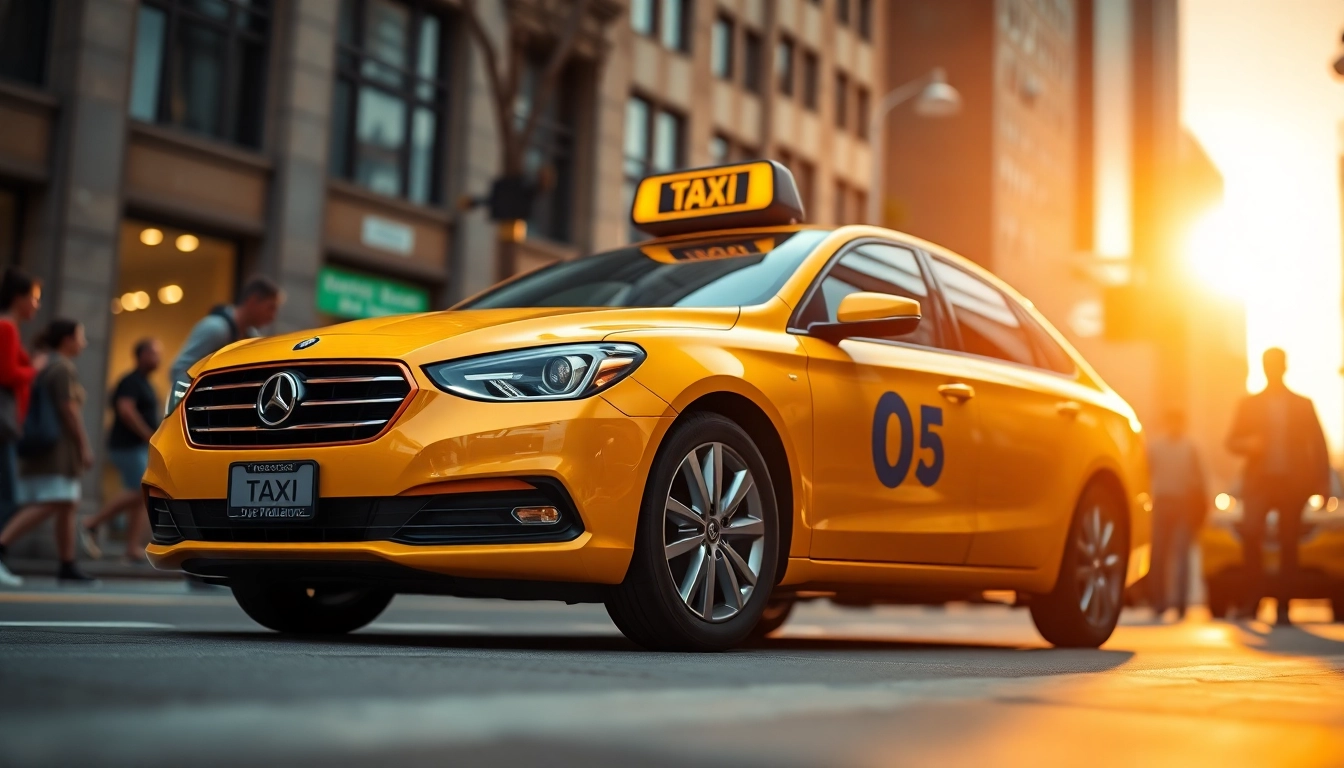 Taxi cab navigating a lively city street, showcasing vibrant urban life.