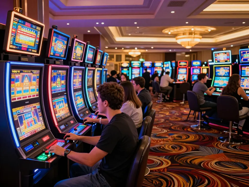 Dynamic scene at 99wincasino with players engaging on vibrant slot machines