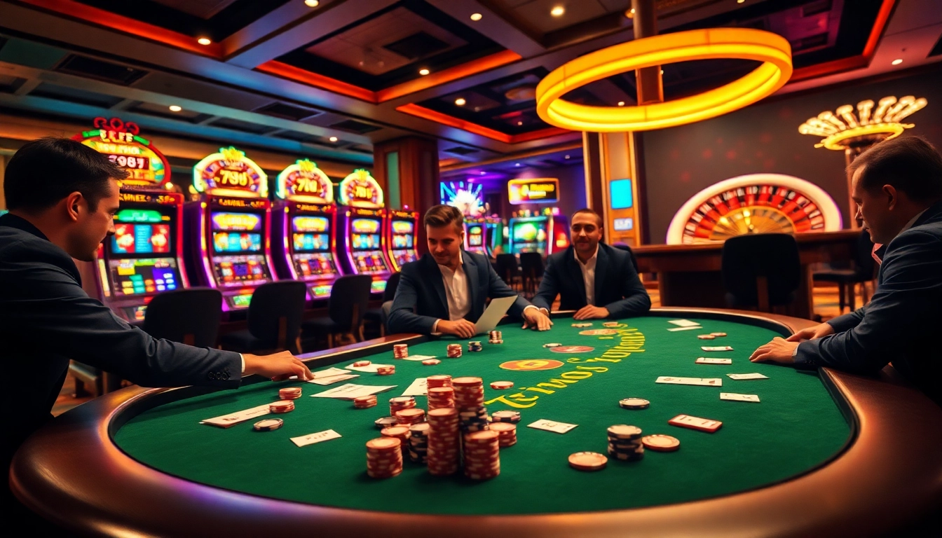 Intense poker game at 789f casino, surrounded by vibrant slot machines and roulette action.