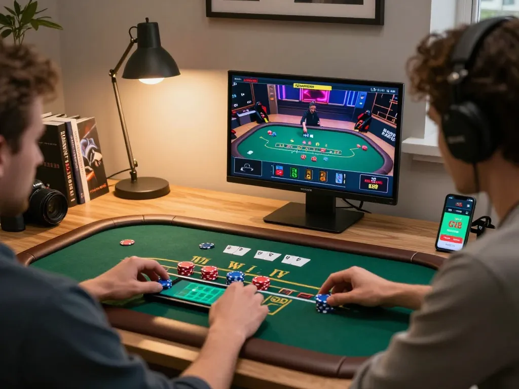 G28 player enjoying a live blackjack game on tablet, showcasing strategic gameplay in a modern home office.