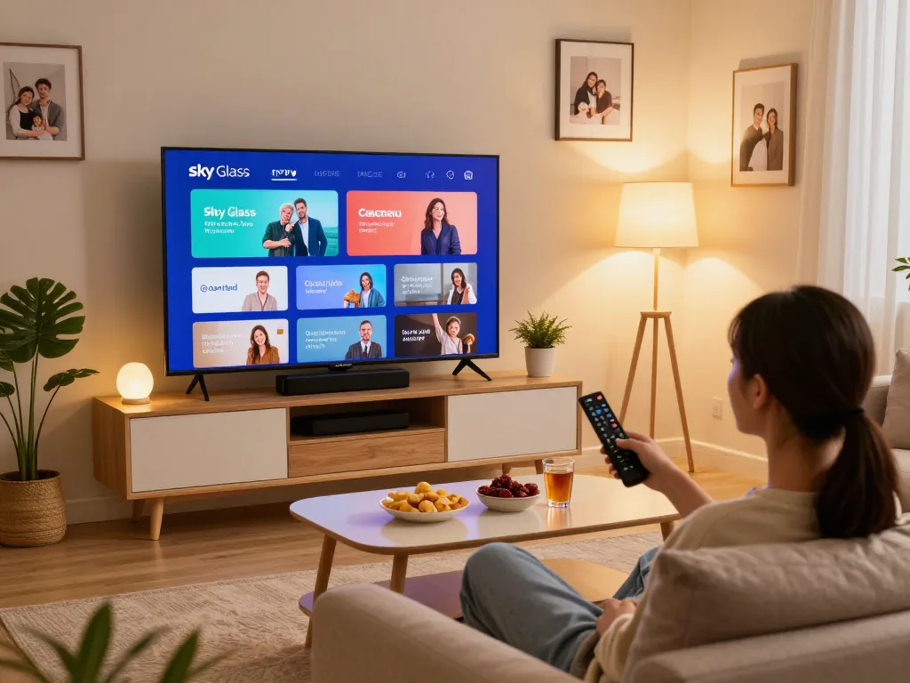 Enjoying Sky Glass IPTV Updated APP 2026 in a cozy living room with vibrant content.