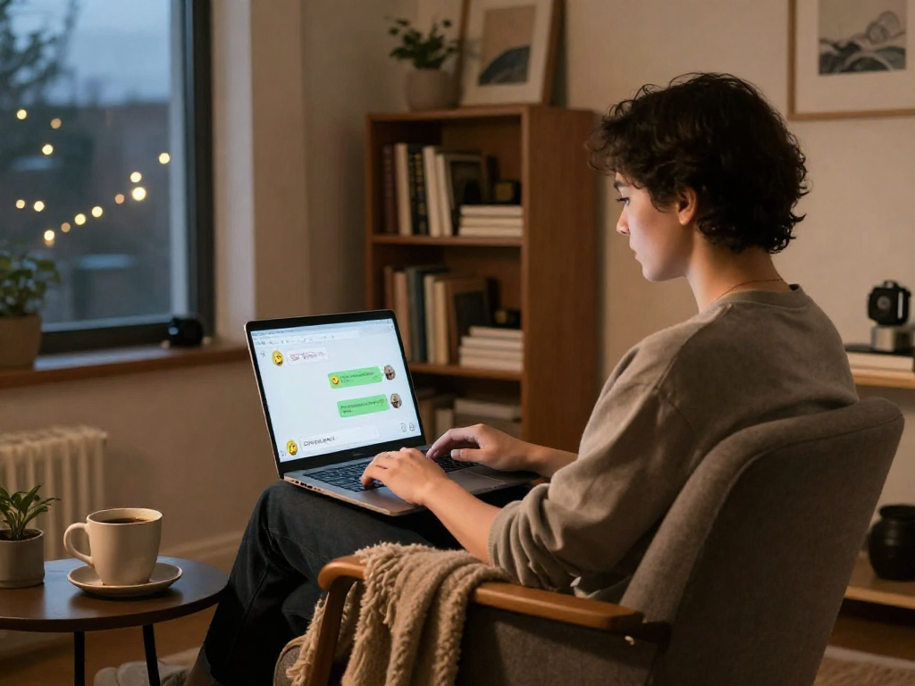 Engaging in a porn AI chat from a cozy office, showcasing a warm atmosphere and interactive chat elements.