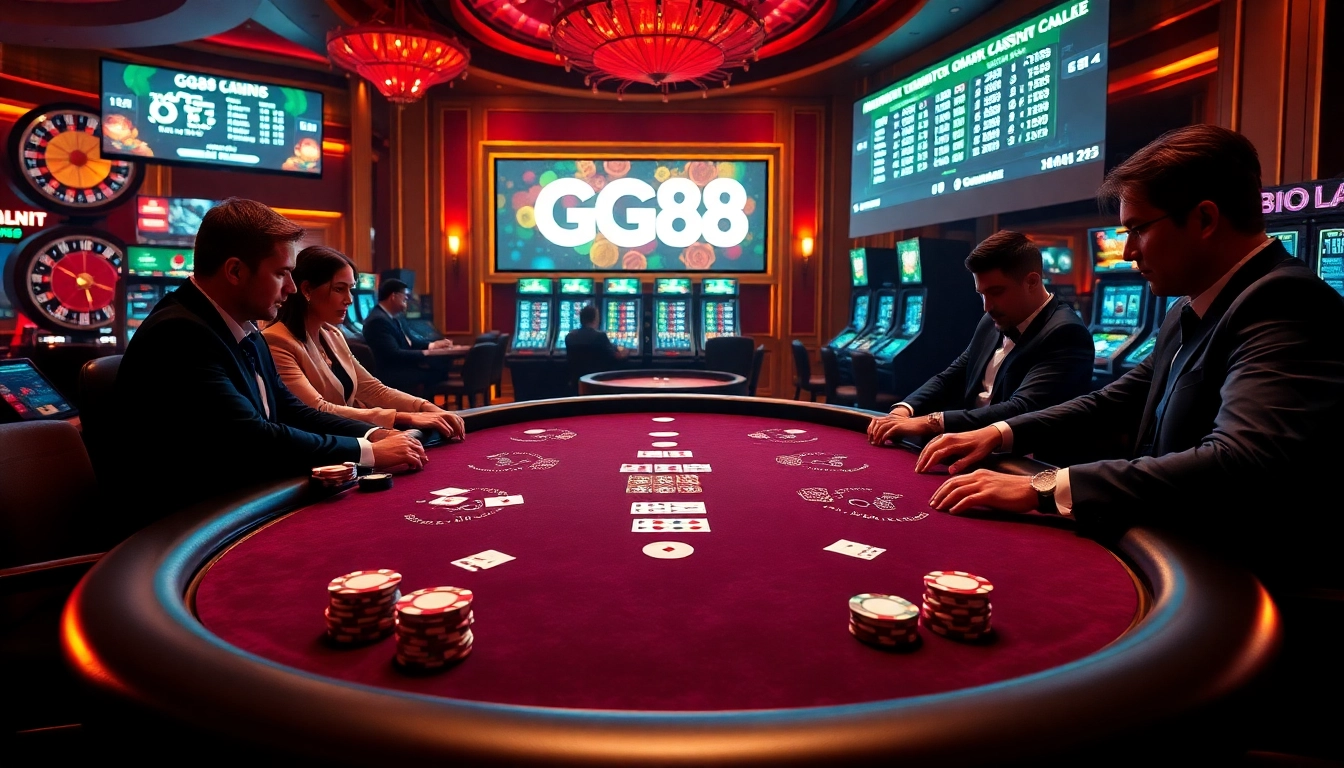Experience the excitement of gambling with GG88 in a luxurious casino setting featuring poker, roulette, and slot machines.