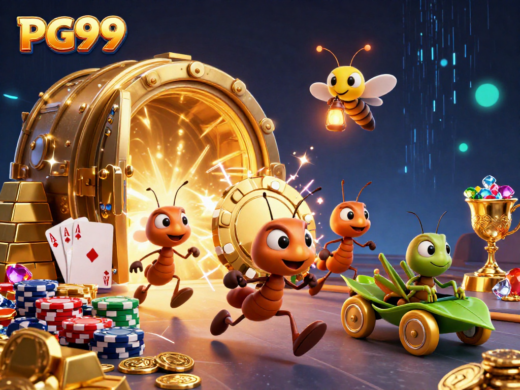 PG99 challenges luck with a vibrant poker heist scene featuring lively ants and treasures.