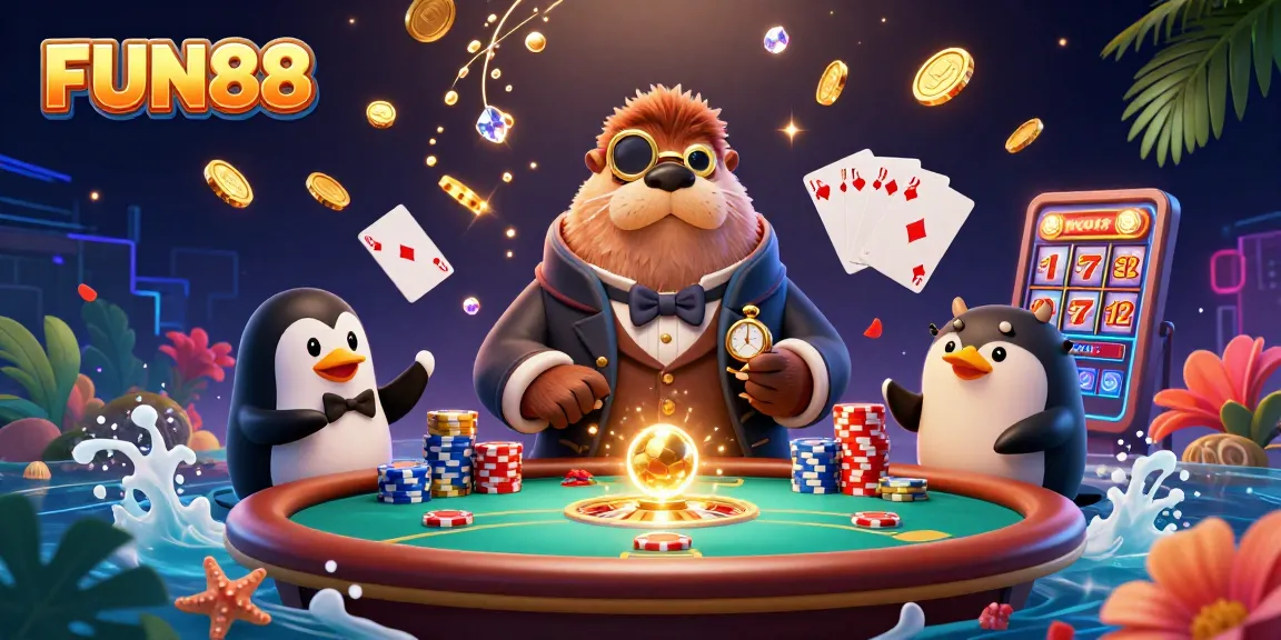 Engage in fun casino gaming at FUN88 with a jolly walrus, sophisticated penguin dealer, and bluffing pufferfish!