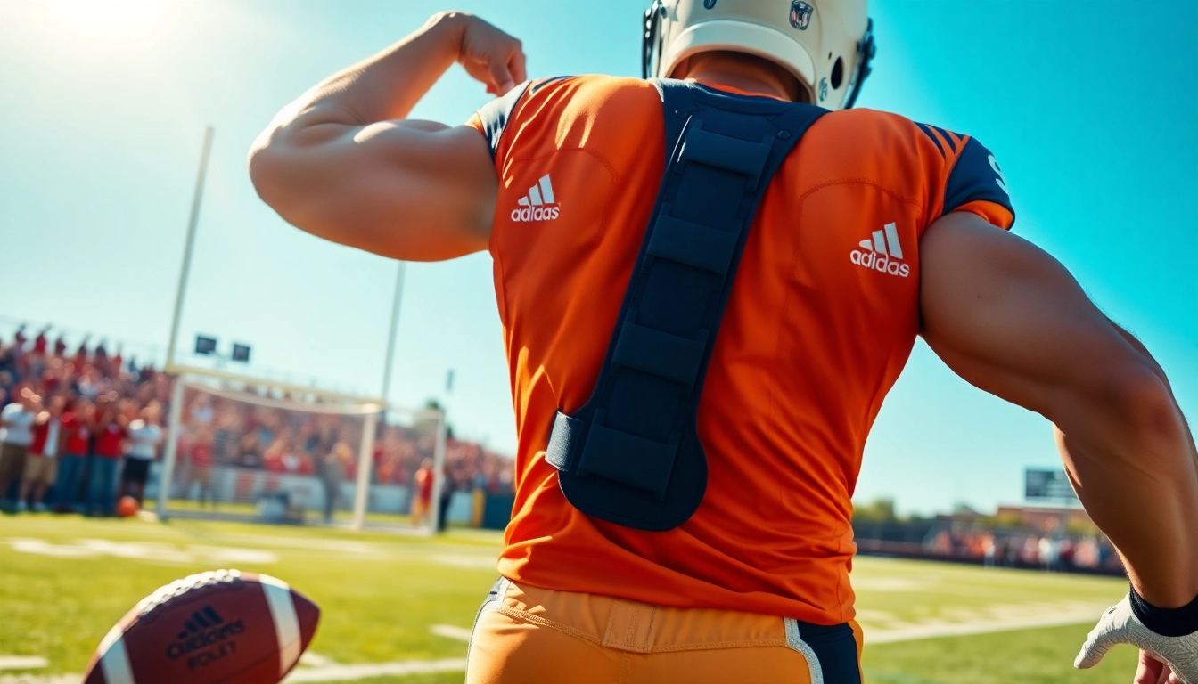 Shoulder braces for football worn by an agile player on the field, showcasing strength and movement.