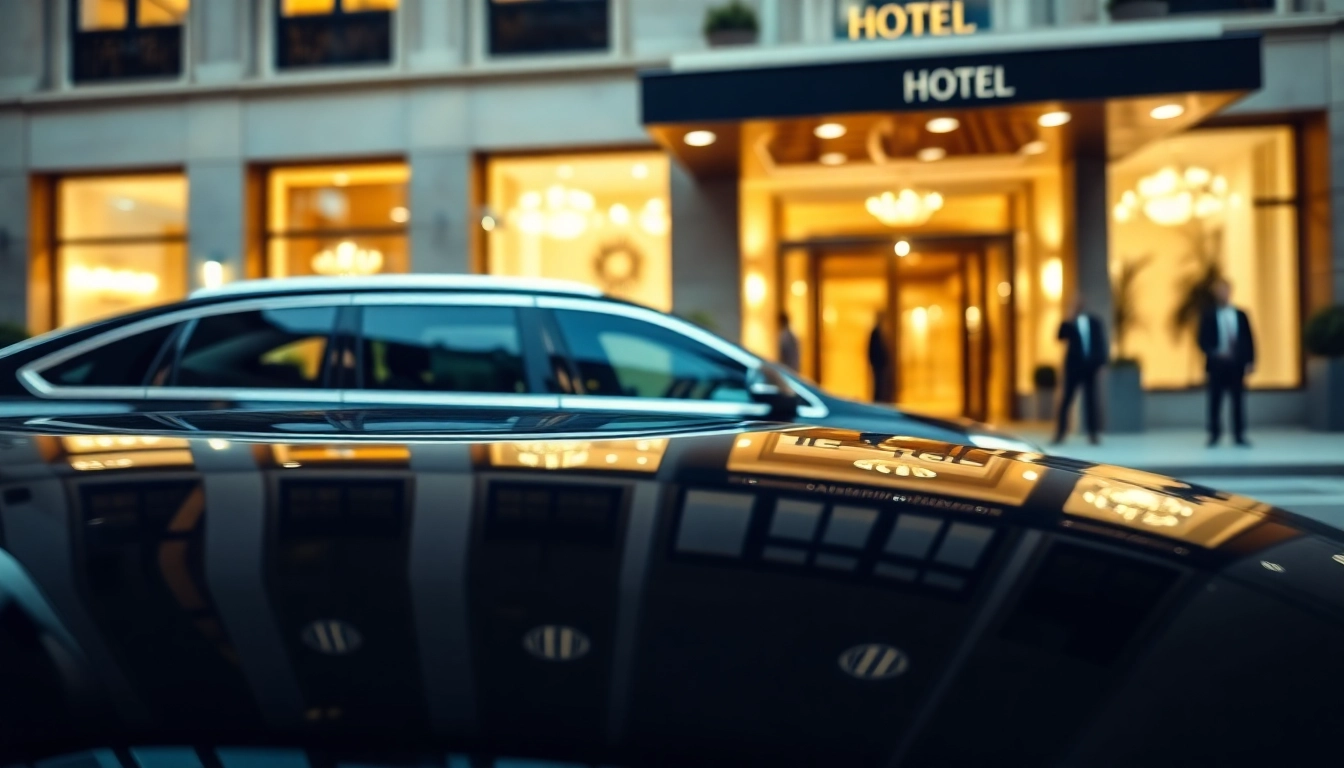 Experience premium Chauffeur Hire with a luxurious black sedan parked in front of an upscale hotel.