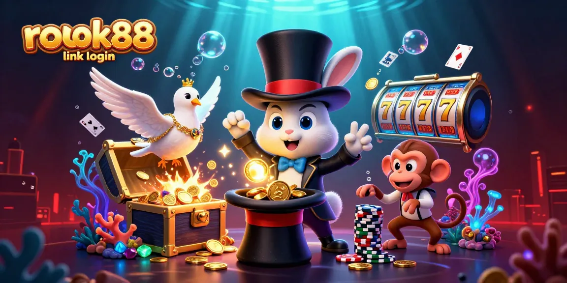 Experience the excitement of rokok88 link login with vibrant casino elements featuring a magician rabbit and floating slots.
