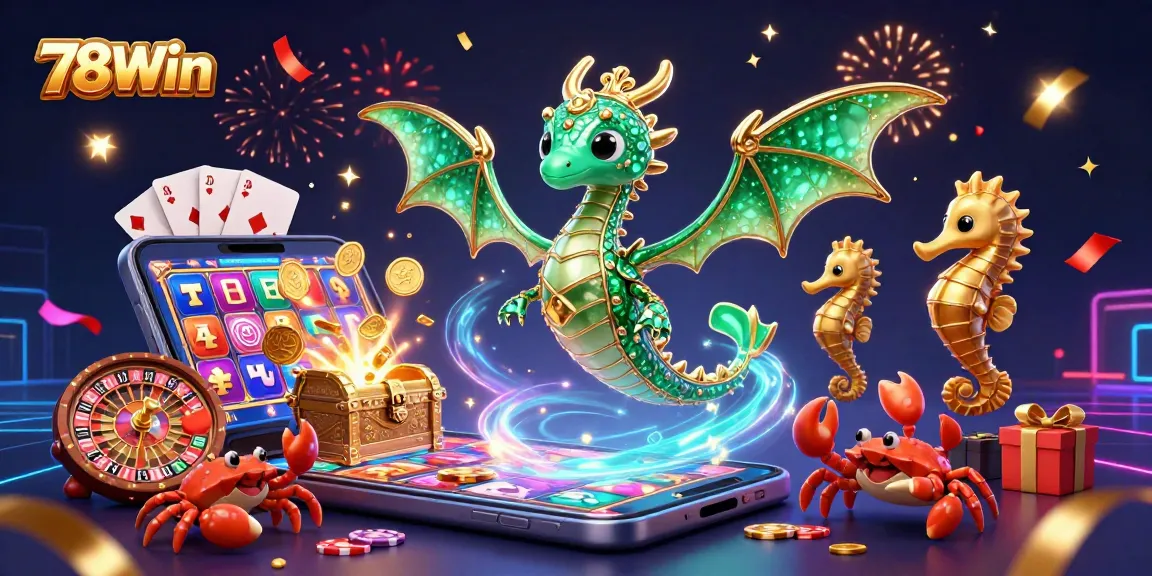 Experience the thrill of 78Win with an enchanting casino scene featuring a dragon and gaming elements.