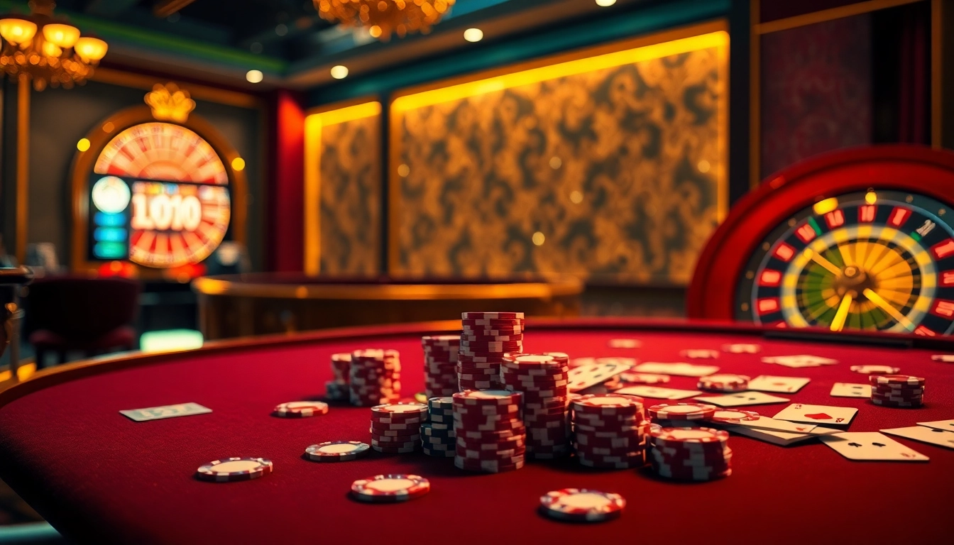 Engaging scene of players at 88vv casino, featuring vibrant slot machines and poker action.