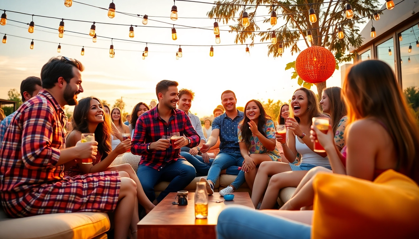 Open-minded singles and couples enjoy a vibrant outdoor event, embodying the spirit of OKFUN.COM with laughter and connection.