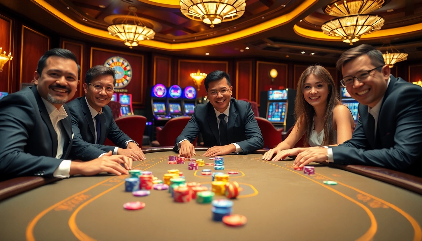 Players at a poker table at MM88 casino, showcasing a thrilling gambling atmosphere with vibrant chips and lights.
