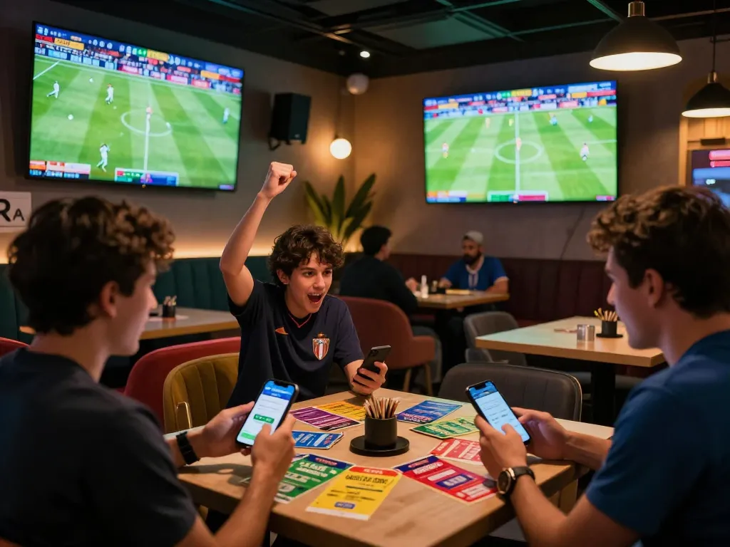 Socolive fans celebrating live soccer betting with joy in a modern lounge atmosphere.