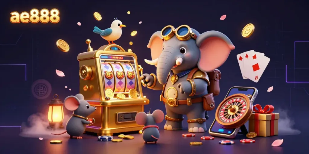 Experience dynamic gambling action with ae888, featuring a steampunk elephant at a golden slot machine amid vibrant gaming elements.
