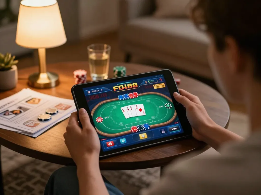Engaging scene of a player enjoying FO88's online casino games on a tablet, showcasing a warm home atmosphere.