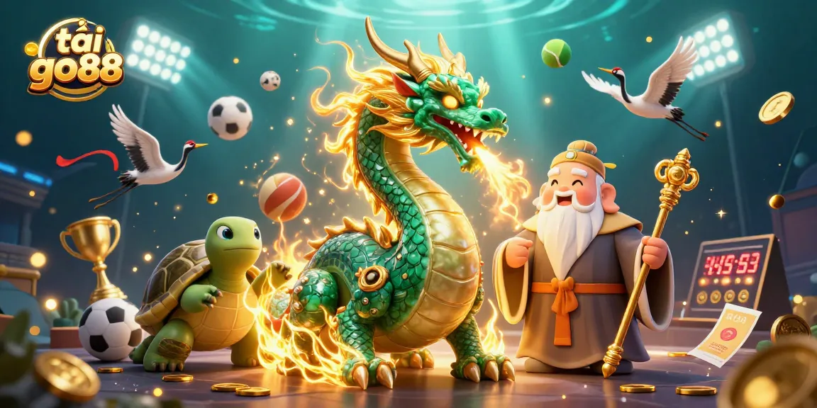 Engage with thrilling games at tải go88 featuring a majestic dragon, lucky cranes, and interactive sports elements in a vibrant casino scene.