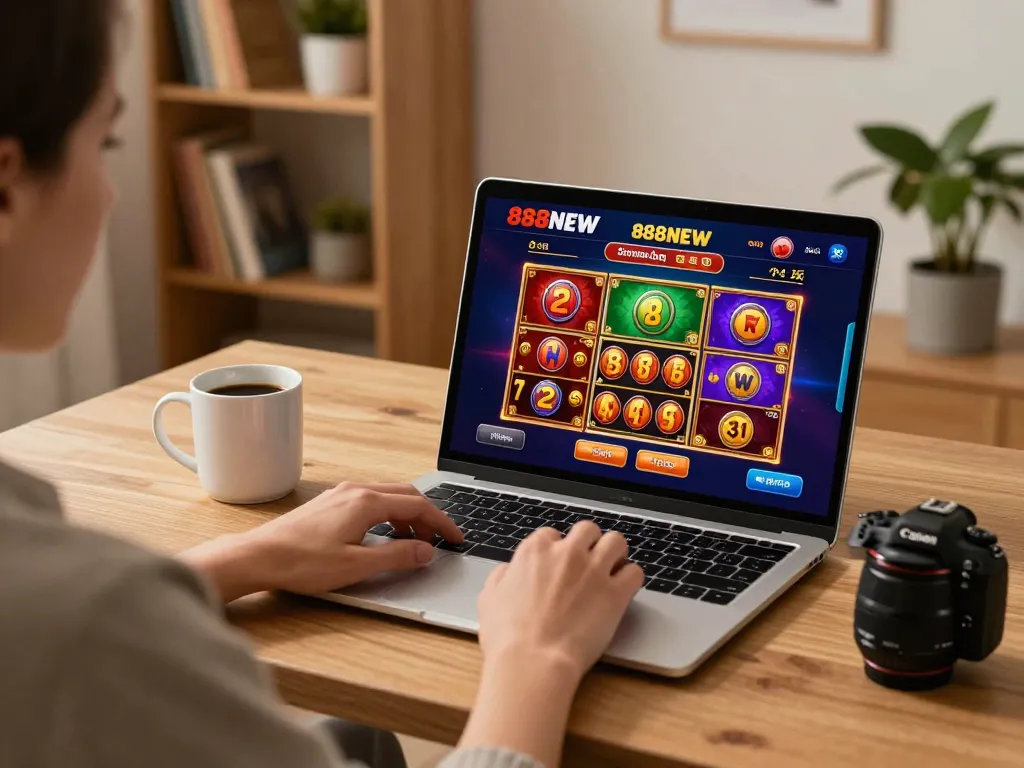 Engaged player enjoying a vibrant game at 888NEW's online casino on a stylish laptop.