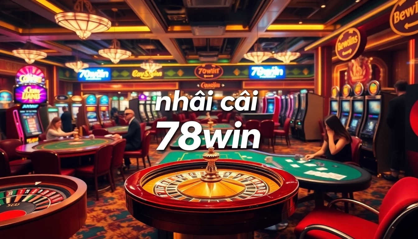 Experience the thrill of nhà cái 78win with intense poker action and vibrant slot machines amidst a bustling casino.