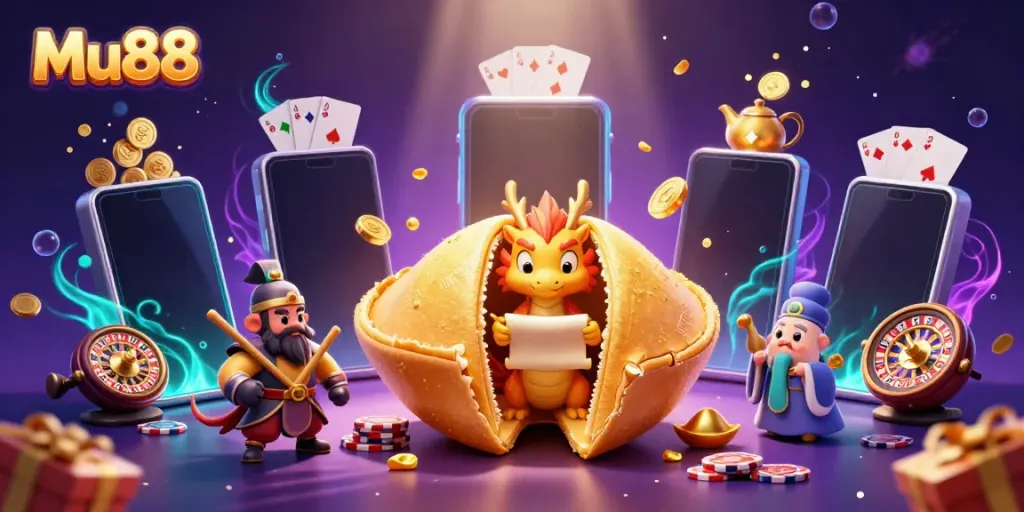 Experience the excitement of Mu88 with a vibrant 3D illustration of casino elements and characters.