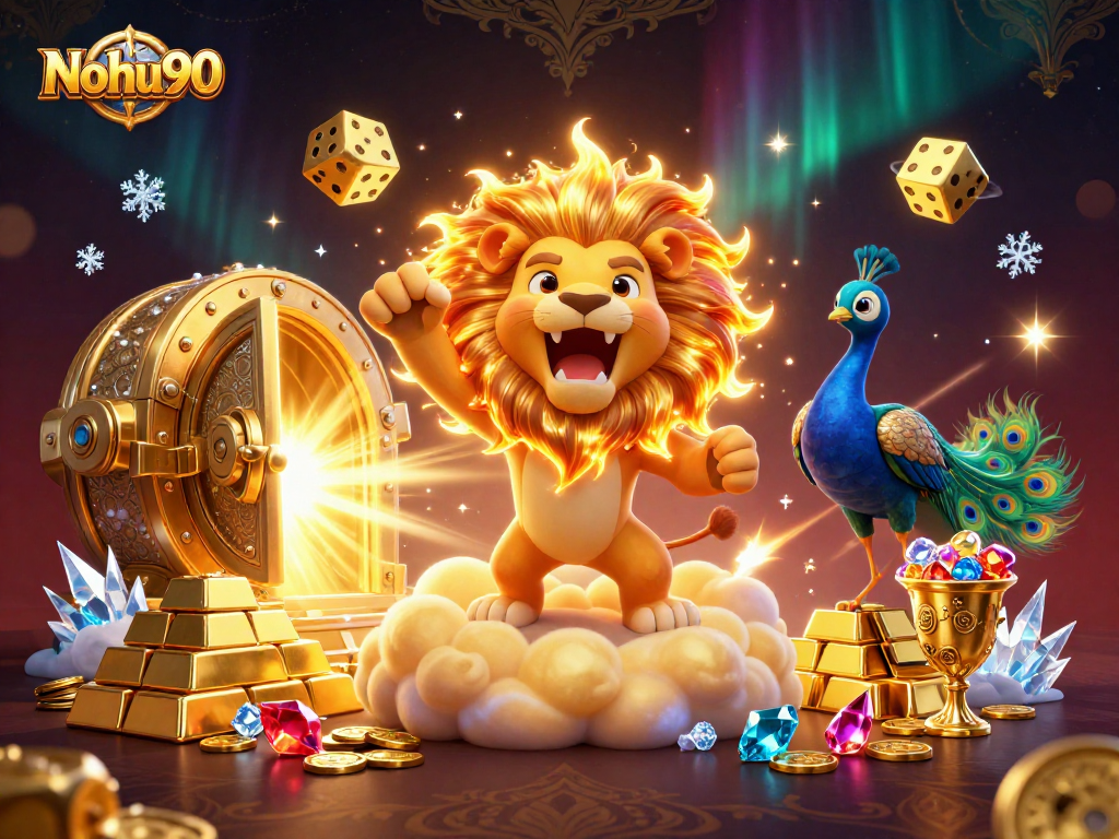 Nohu90 embraces thrilling casino adventures with a vibrant 3D display of dice and treasure.