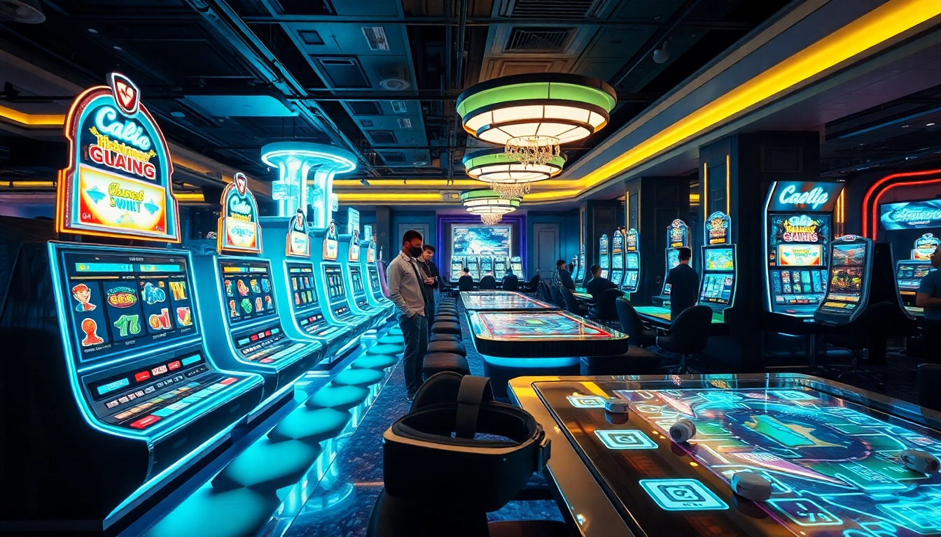 A futuristic casino environment illustrating New Technology with holographic slot machines and augmented reality gaming tables.