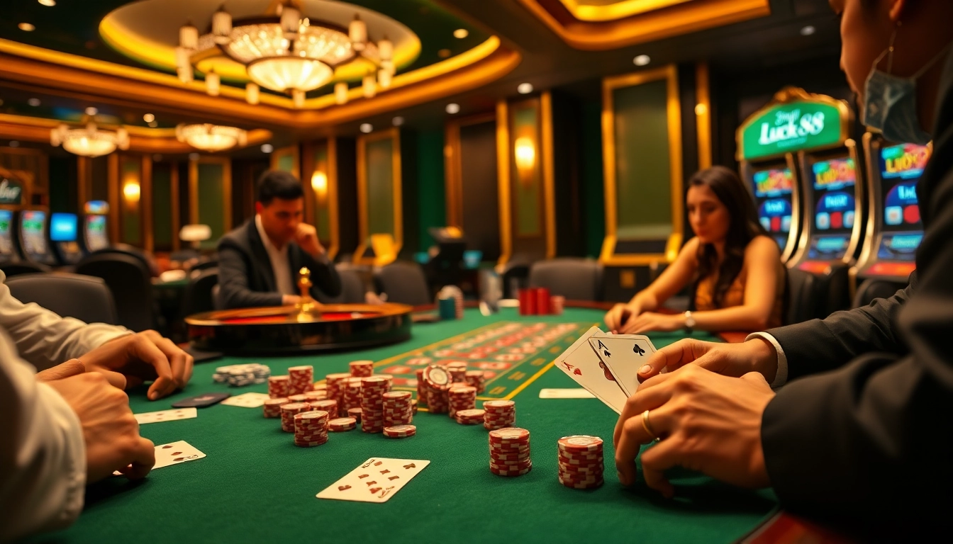 Engage in an exciting poker game at a sophisticated casino table featuring Luck88 elements.