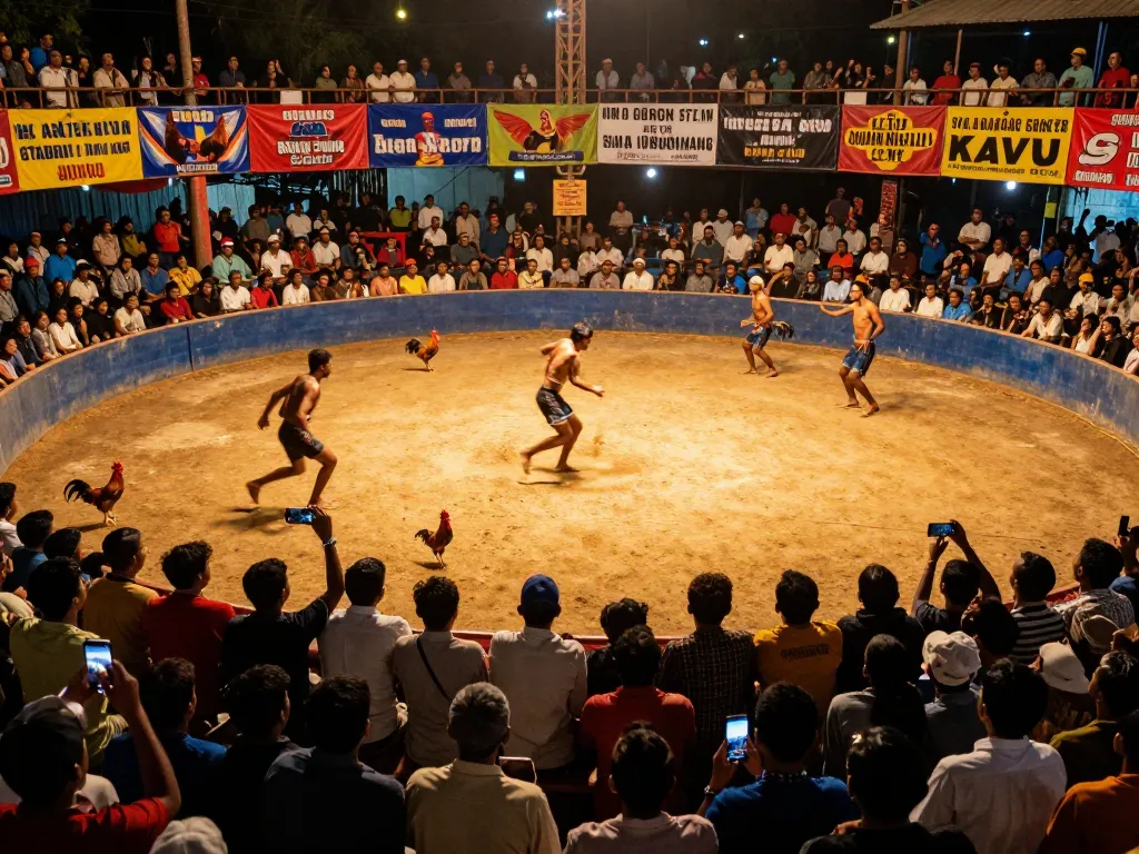 Exciting live cockfighting match captured at https://dagatructiep.co.uk/ showcasing fierce competitors and an enthusiastic crowd.