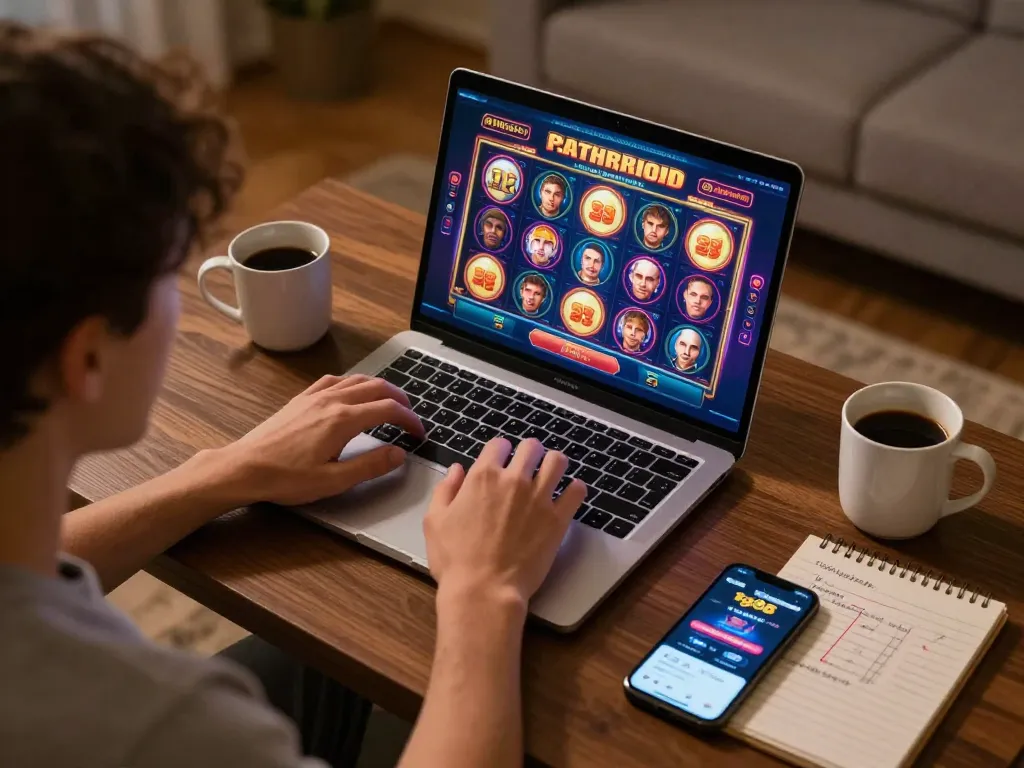 Player engaging in online casino gaming at home with tg88 app in view, cozy atmosphere.