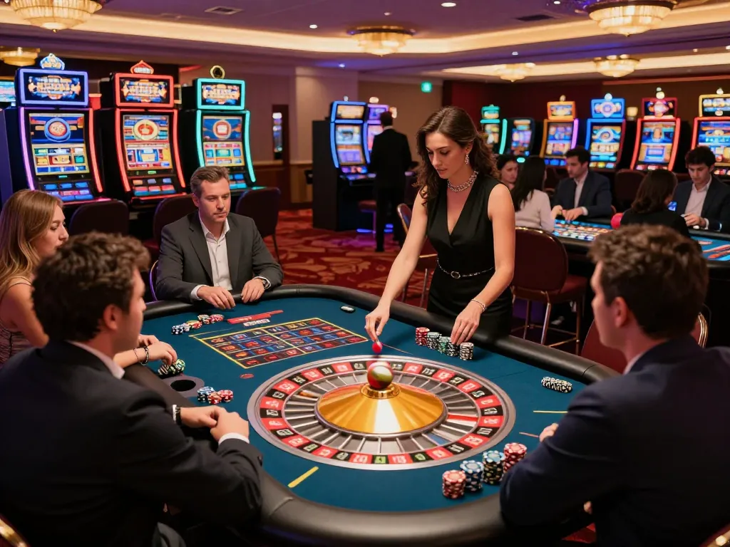 XX88 players engaged in a thrilling roulette game at a luxurious casino, showcasing vibrant gameplay and elegance.