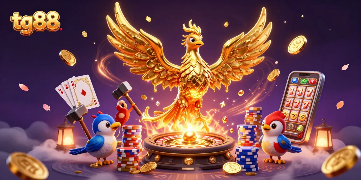 Experience winning big at tg88 with vibrant golden coins, a molten phoenix, and thrilling casino elements.