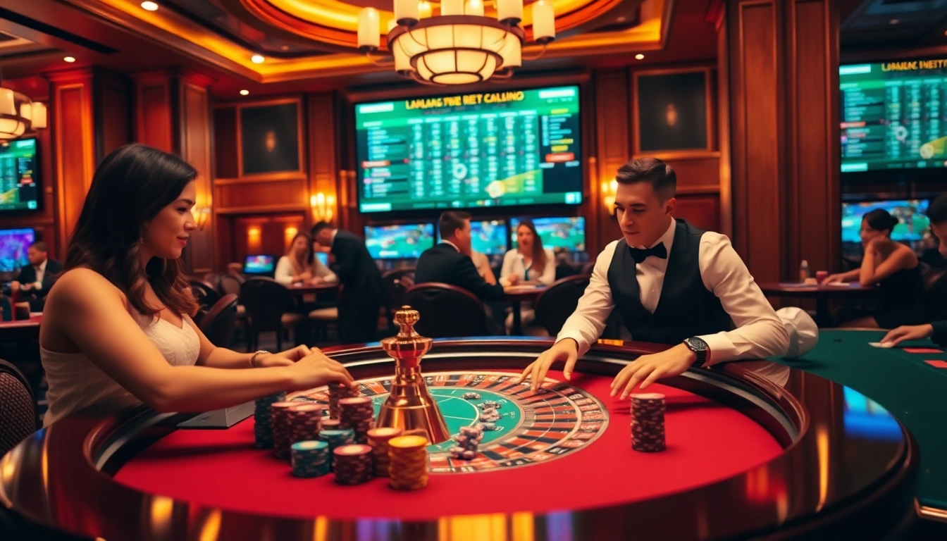 Experience the thrill of gaming with https://123win.click/ at a vibrant roulette table surrounded by players.