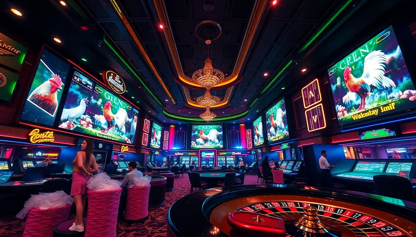 Betting on đá gà trực tiếp at a luxurious casino with vibrant live events and gambling elements.