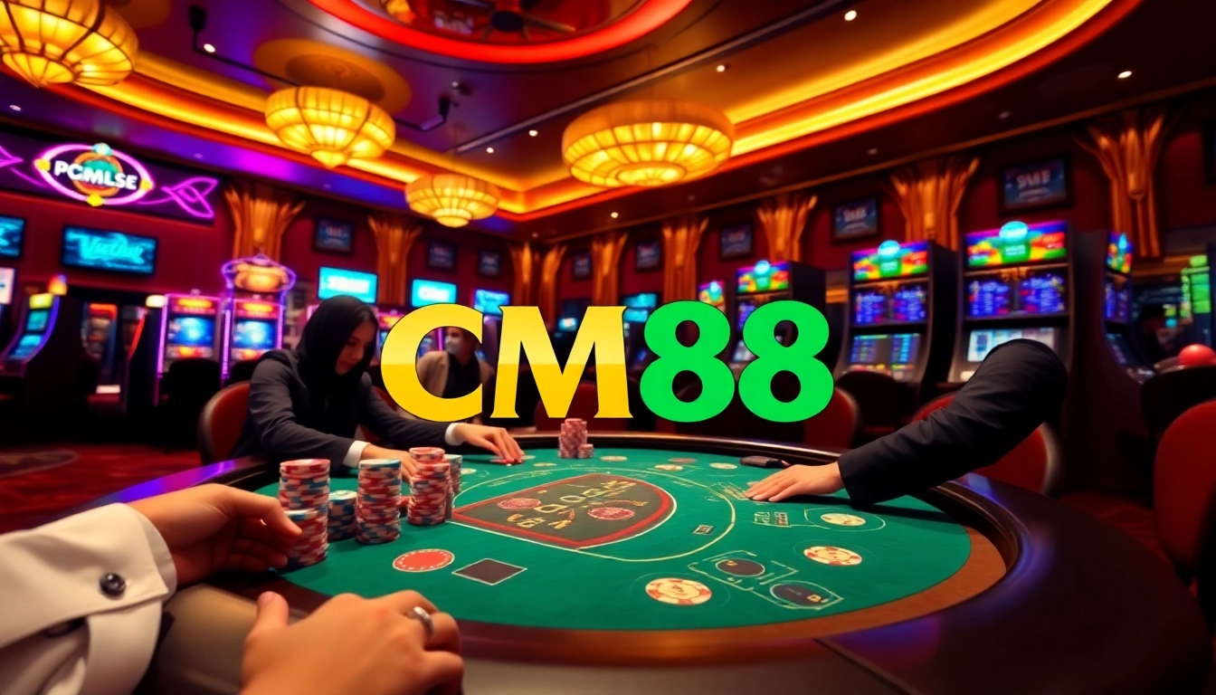 Engage in thrilling games at CM88 casino with professional dealers and vibrant poker tables.