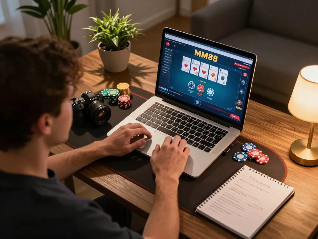Play online casino games at MM88 with a player analyzing strategies at a home desk