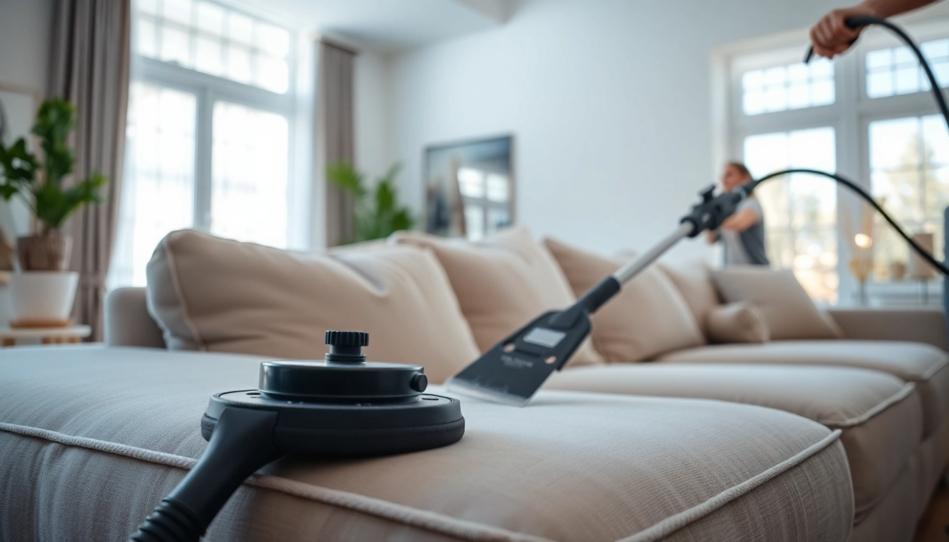 Couch cleaning in Glasgow with professionals deep cleaning a soft sofa in a bright room.